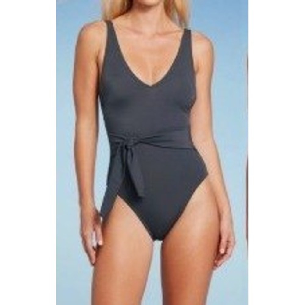 Shade & Shore One Piece Swimsuit Women Medium Blue Gray Tie Waist Cutout EUC